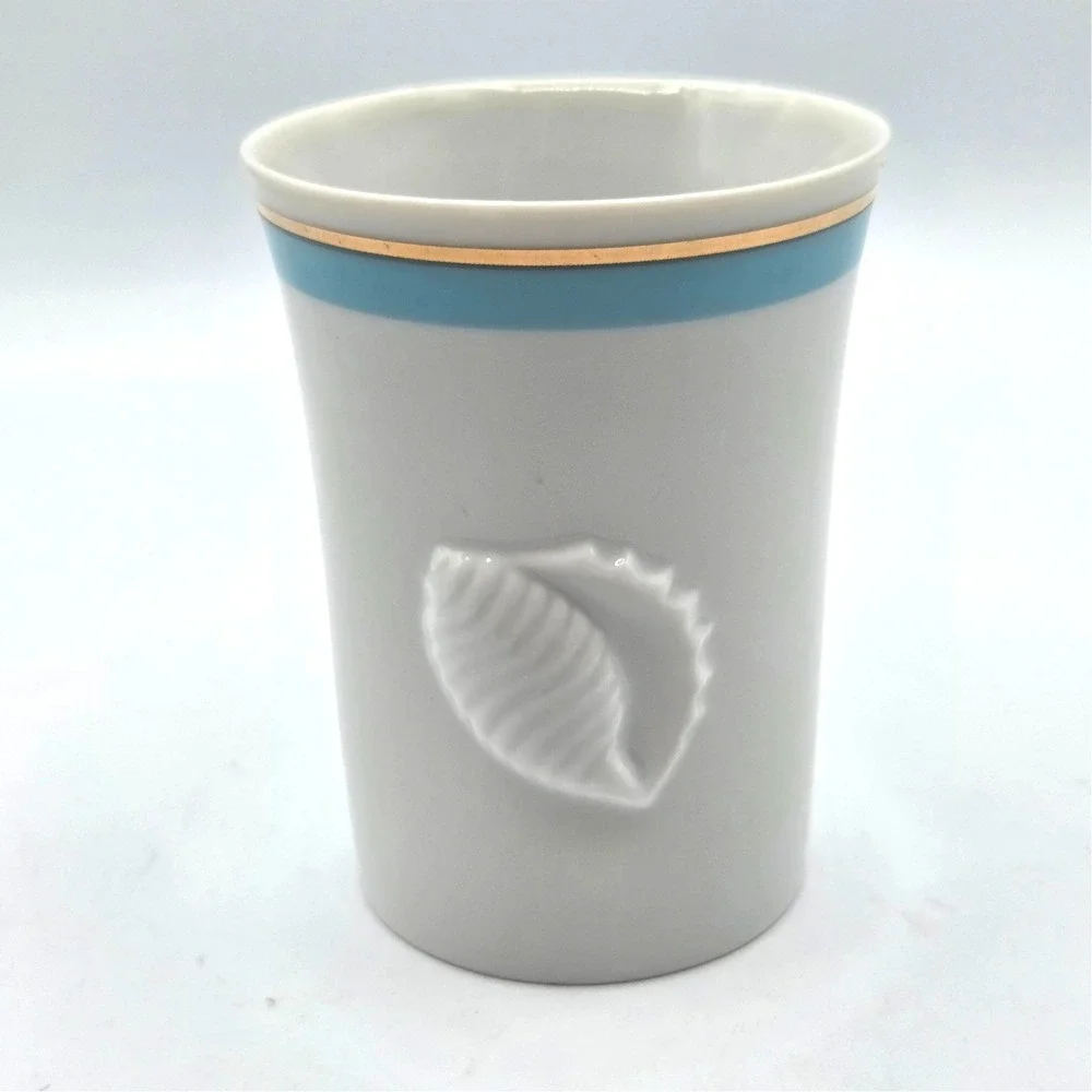 Ben Rickert Seashell Soap‎ Dish and Tumbler White with Blue Gold Trim BEACH